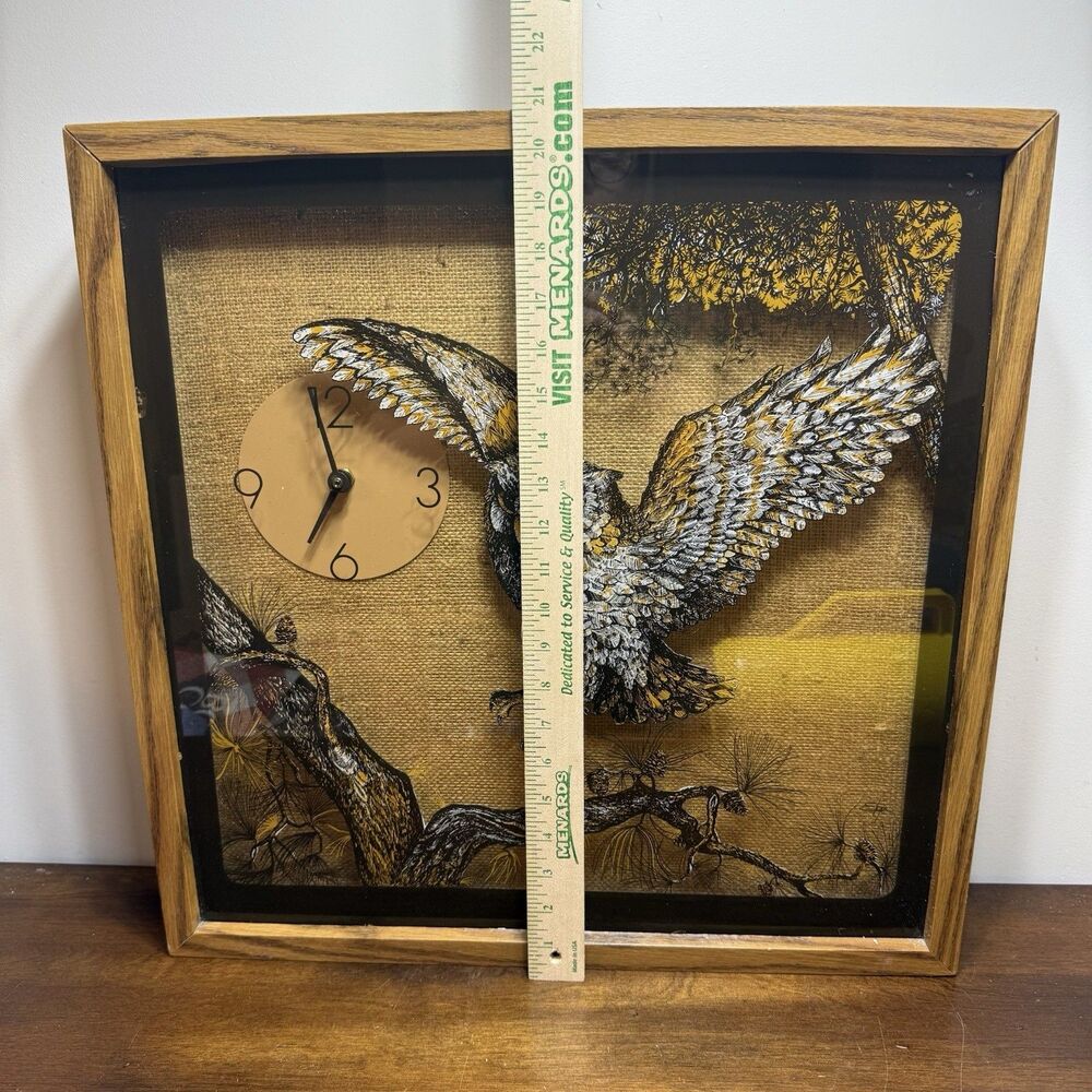 VTG Elgin Wall Clock owl landing on tine branch 70s mcm Retro Glass Clock Owls - Picture 9 of 13